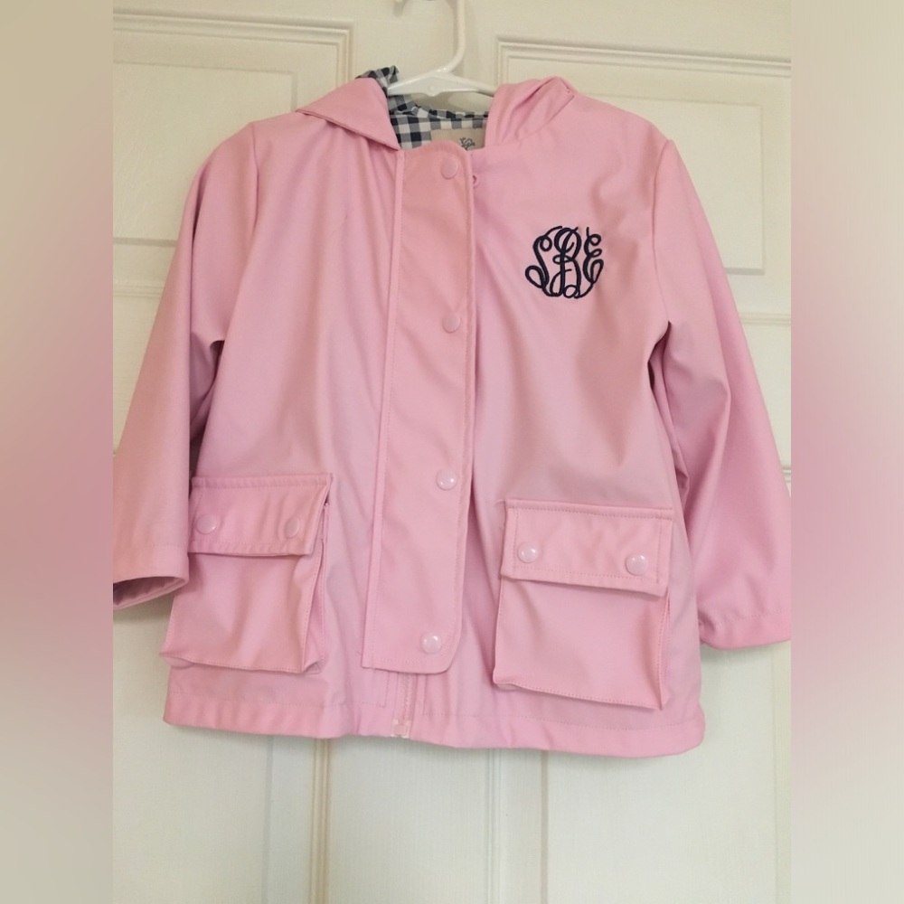 Pink Monogram Hooded Rain Jacket for Kids Raincoat size 3T Smockingbird school